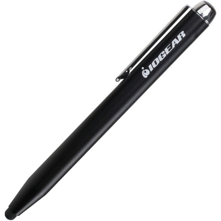 IOGEAR Accu-Tip Stylus in matte black metal finish with precision rubber tip, shown in full-length profile view