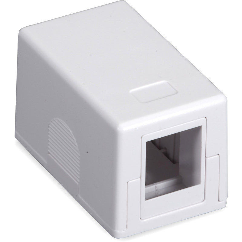 Front view of white Black Box SMH-1 surface mount housing showing single port socket and ventilation design