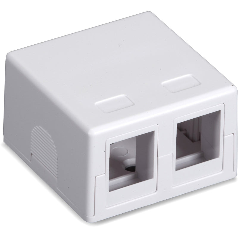 Front view of Black Box SMH-2 white surface-mount housing showing two keystone jack ports in a compact enclosure