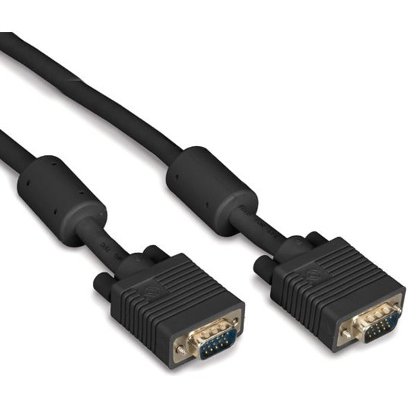 Black VGA cable with male HD-15 connectors and ferrite cores at both ends, featuring molded strain relief