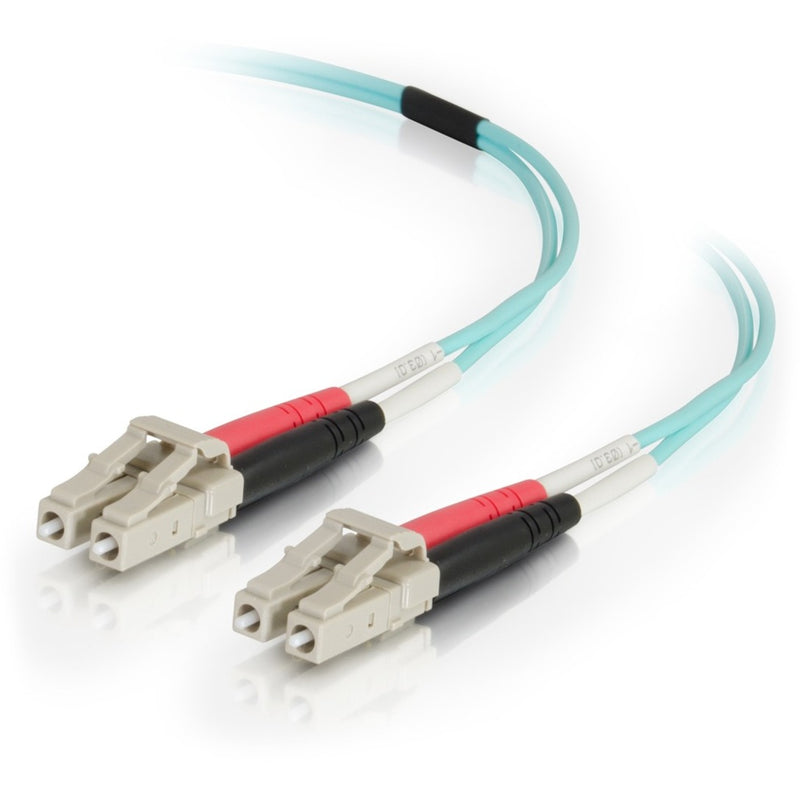 C2G OM4 multimode fiber optic cable with LC connectors showing aqua jacket and red-black connector boots