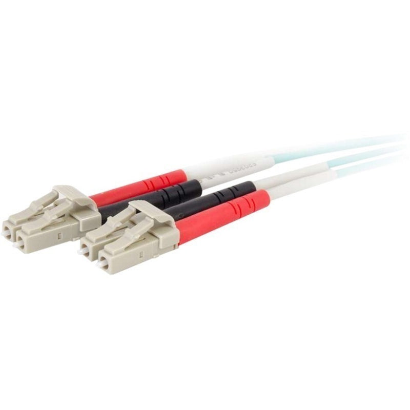 Close-up view of LC fiber optic connectors with beige housing and red-black strain relief boots