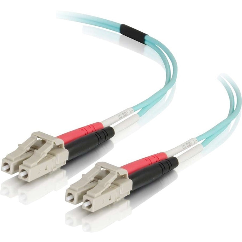 C2G OM4 fiber optic cable with LC connectors showing aqua cable jacket and beige connectors with red and black strain relief