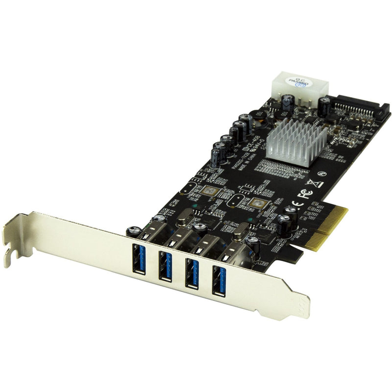 StarTech.com PCIe USB 3.0 card showing four blue USB ports and integrated circuit board with heatsink