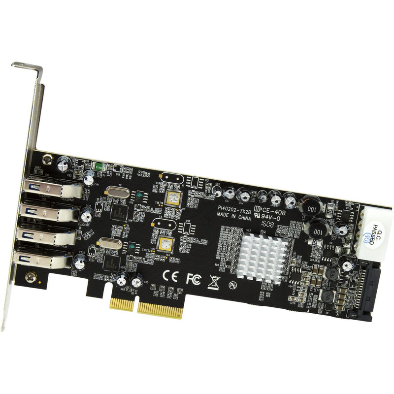 Top-down view of StarTech.com PCIe USB card showing detailed circuit board layout and components