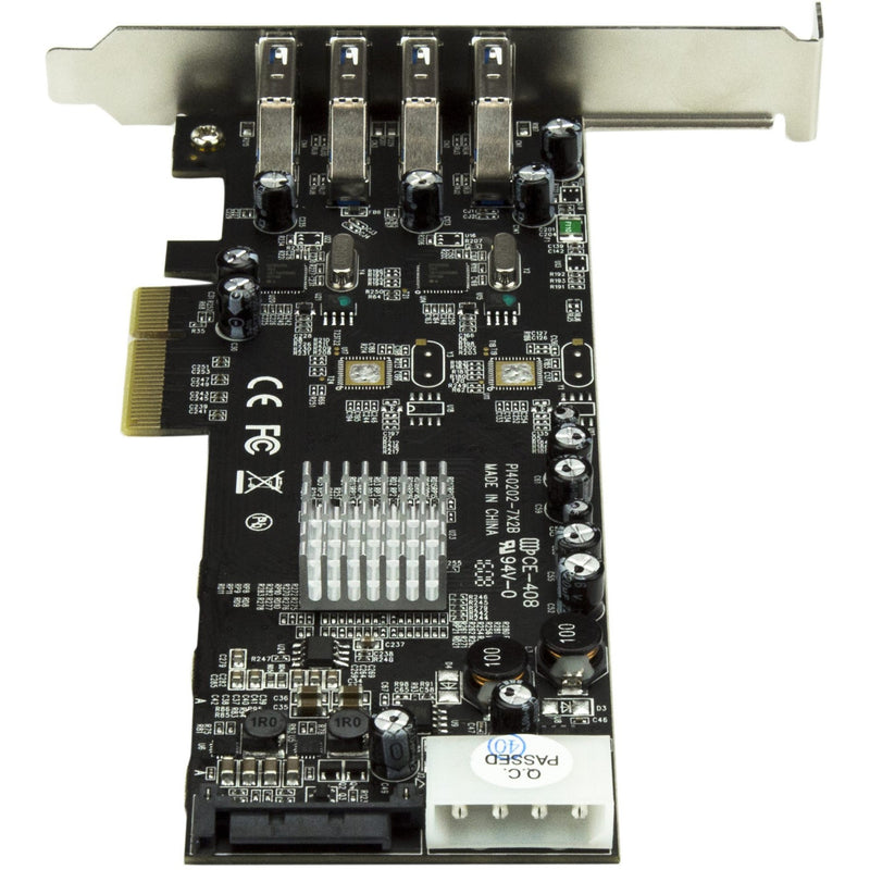 Close-up view of StarTech.com PCIe USB card power delivery components and USB ports