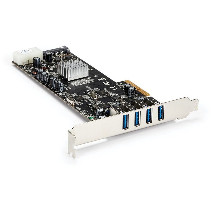 StarTech.com PCIe USB 3.0 card showing four USB ports and heatsink from angled perspective