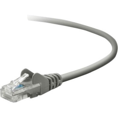 Close-up view of Belkin Cat.5e network cable showing gray jacket and snagless RJ-45 connector