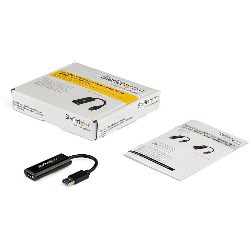 Complete package contents of StarTech.com USB to HDMI adapter including box, adapter, and manual