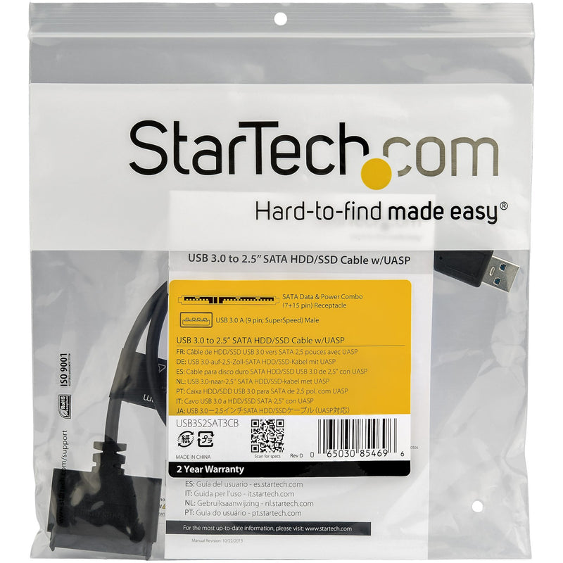 Retail packaging of StarTech.com USB 3.0 to SATA cable showing product specifications and warranty information