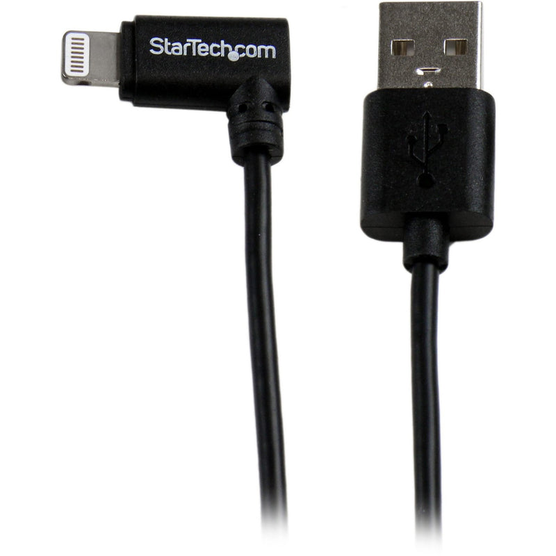 StarTech.com 6ft black angled Lightning to USB cable showing right-angle Lightning connector and standard USB-A end