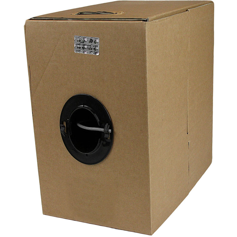 Gray Cat5e plenum-rated bulk cable in brown cardboard dispensing box with black cable feed-through port