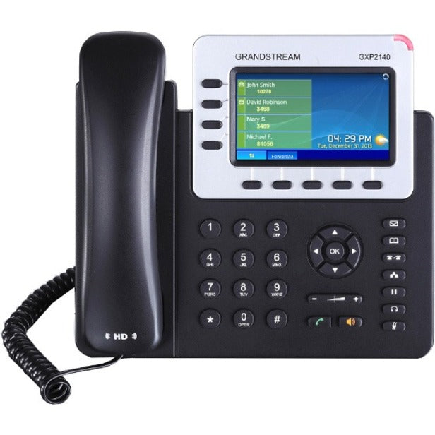 Grandstream GXP2140 IP phone with 4.3-inch color LCD display showing contact list and call management interface