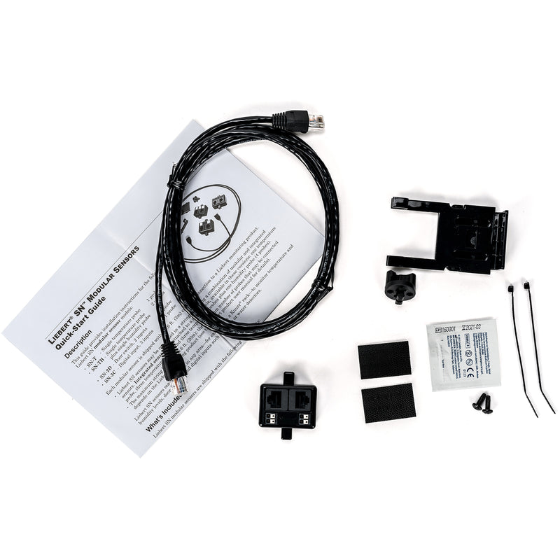 Complete package contents of Liebert SN-2D door sensor including cables, mounting hardware, and documentation