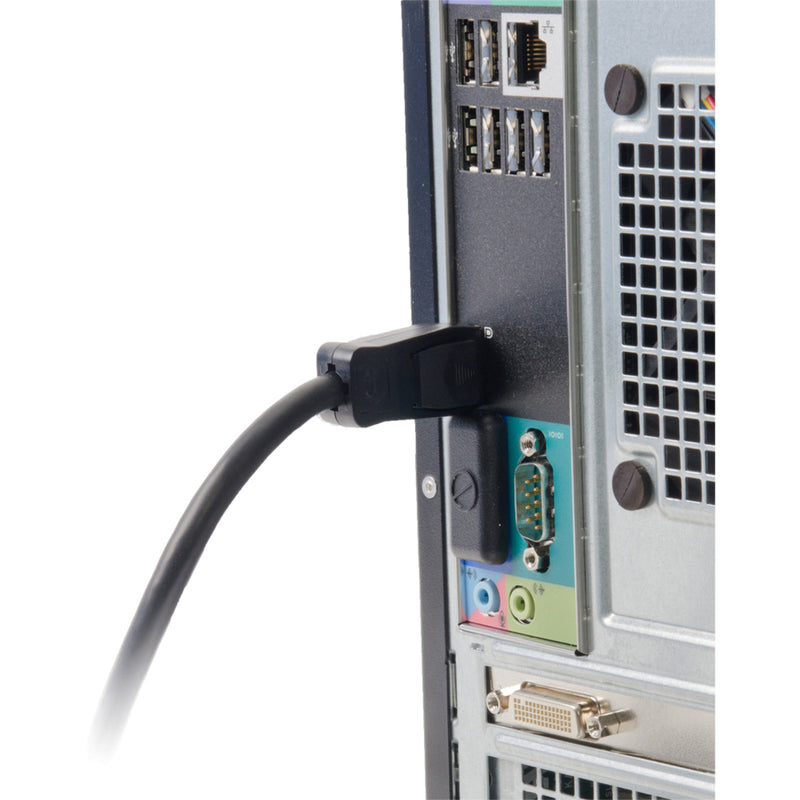 Close-up view of DisplayPort connector inserted into computer port showing secure latching mechanism