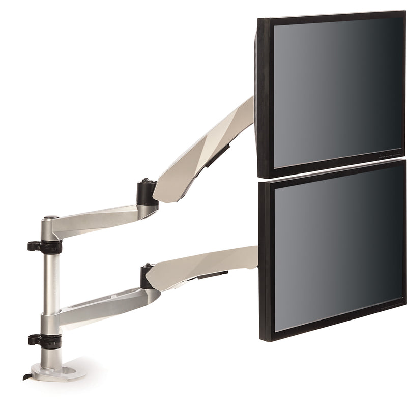 Close-up view of 3M dual monitor arm showing premium construction and materials