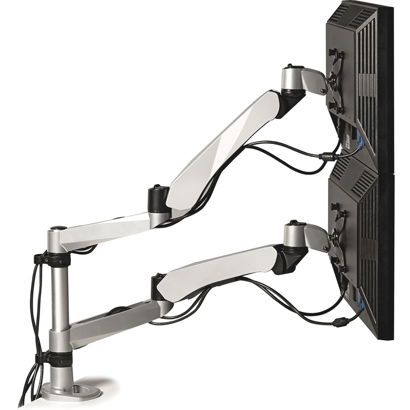 Rear view of 3M dual monitor arm showing cable management system and mounting configuration