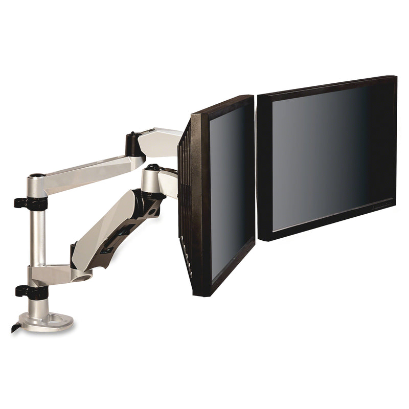 Side profile of dual monitor arm showing range of motion and adjustment capabilities