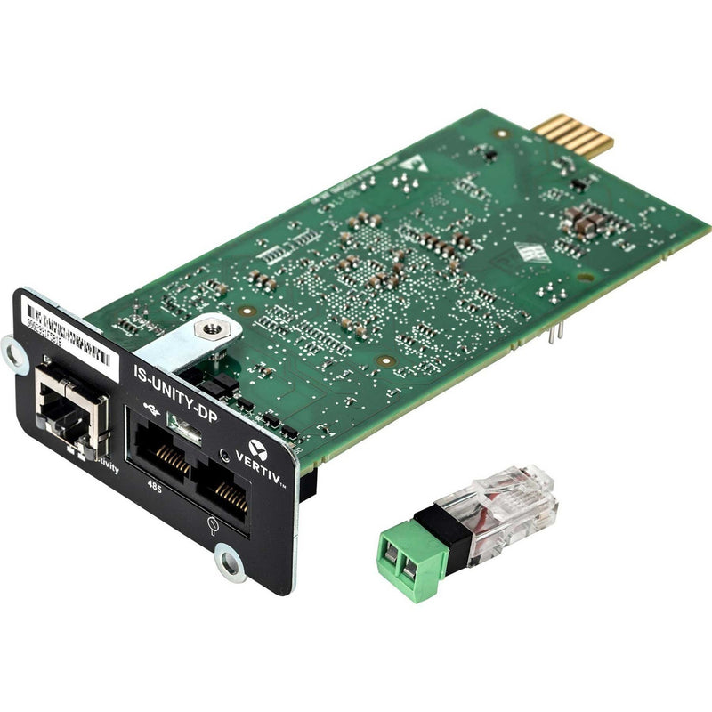 Liebert IS-UNITY-DP communications card showing circuit board with RJ-45 port and RS-485 connections with included connector