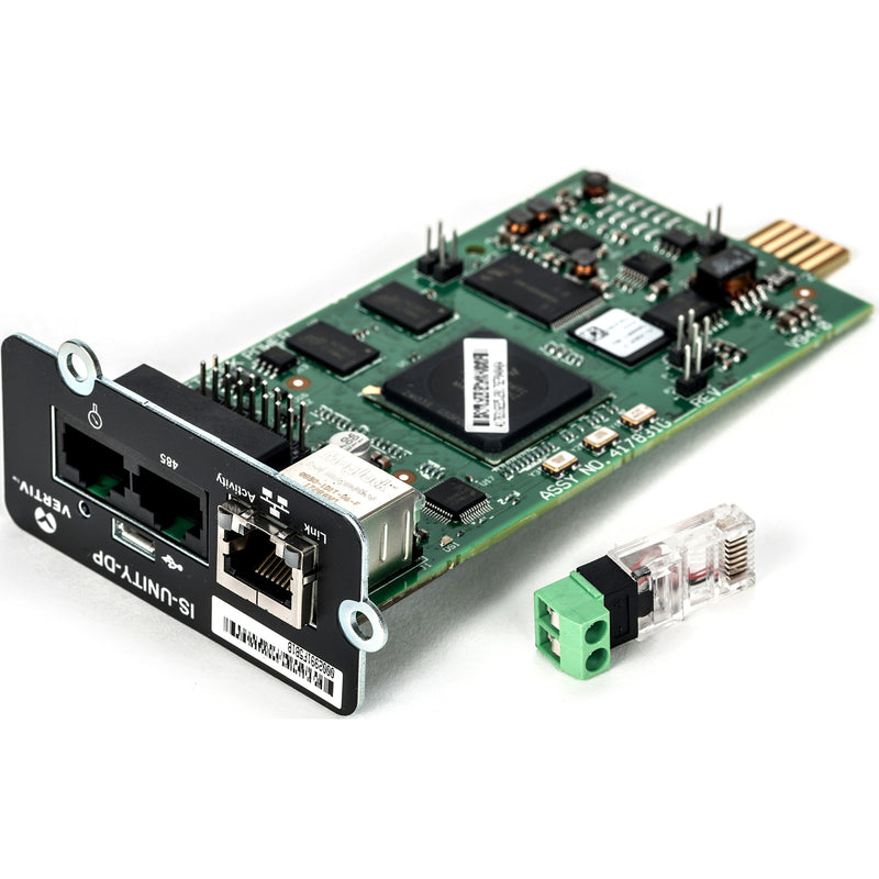 Angled view of IS-UNITY-DP card showing detailed circuit board layout and component placement