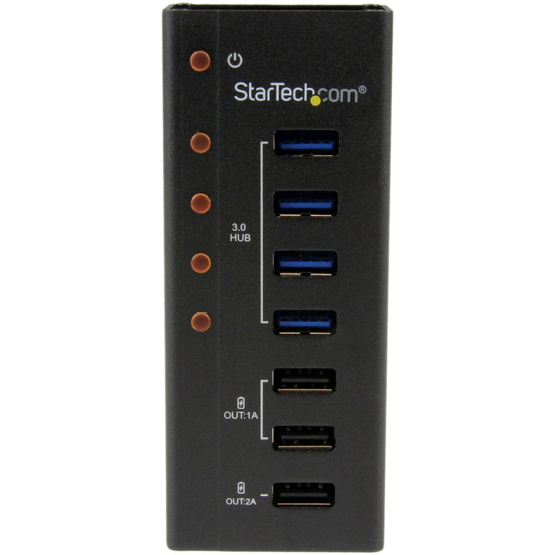 Close-up vertical view of StarTech USB hub showing port arrangement and labeling