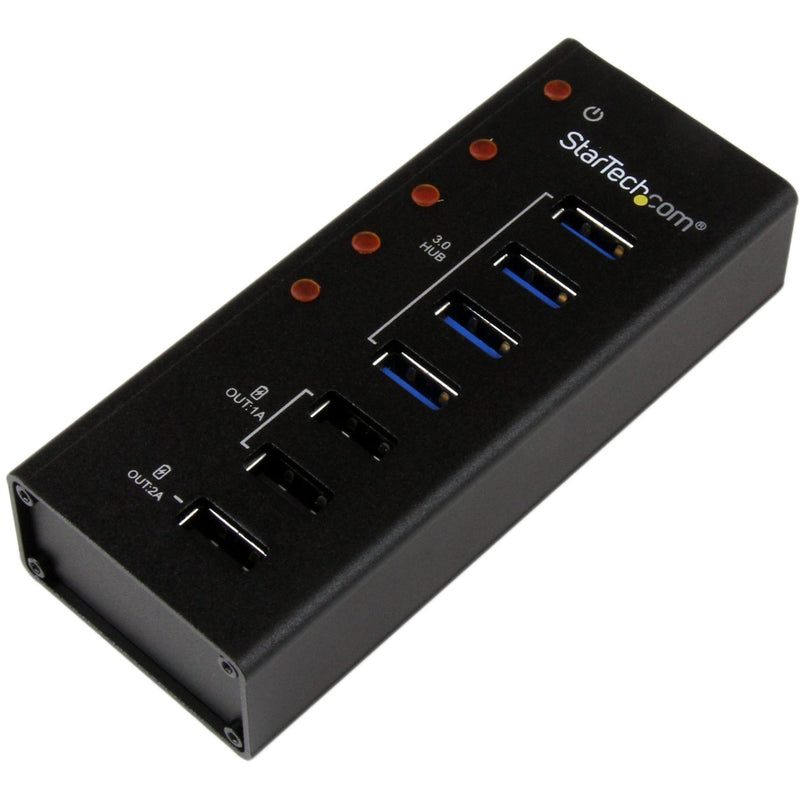 Front view of StarTech.com 7-port USB hub showing 4 USB 3.0 ports and 3 charging ports with LED indicators