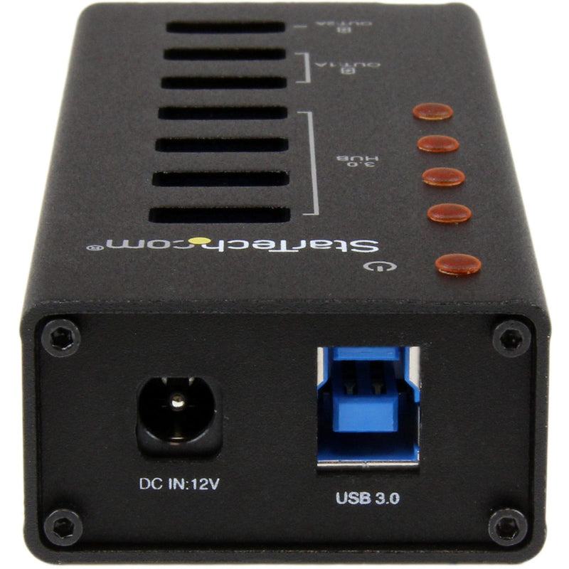 Rear view of StarTech USB hub showing power input and USB 3.0 upstream port