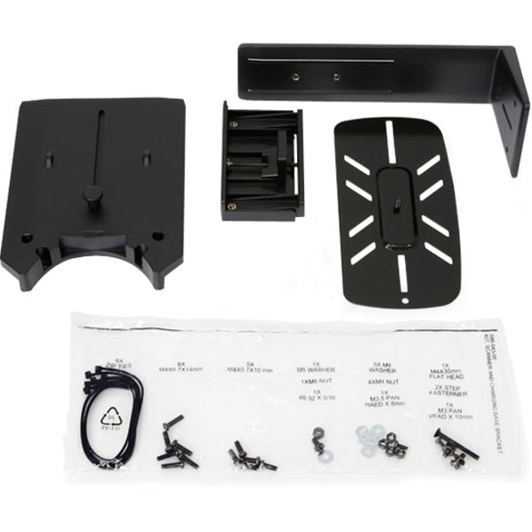 Exploded view of Ergotron VESA Scanner Bracket components including mounting plates, hardware kit, and installation accessories