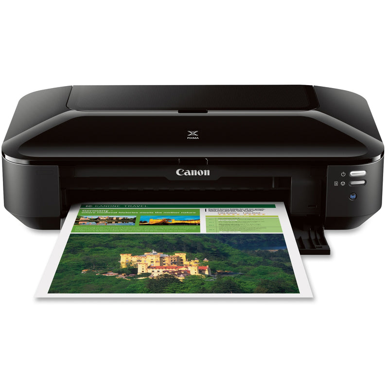 Canon PIXMA iX6820 inkjet printer shown printing a detailed landscape photo with vibrant colors