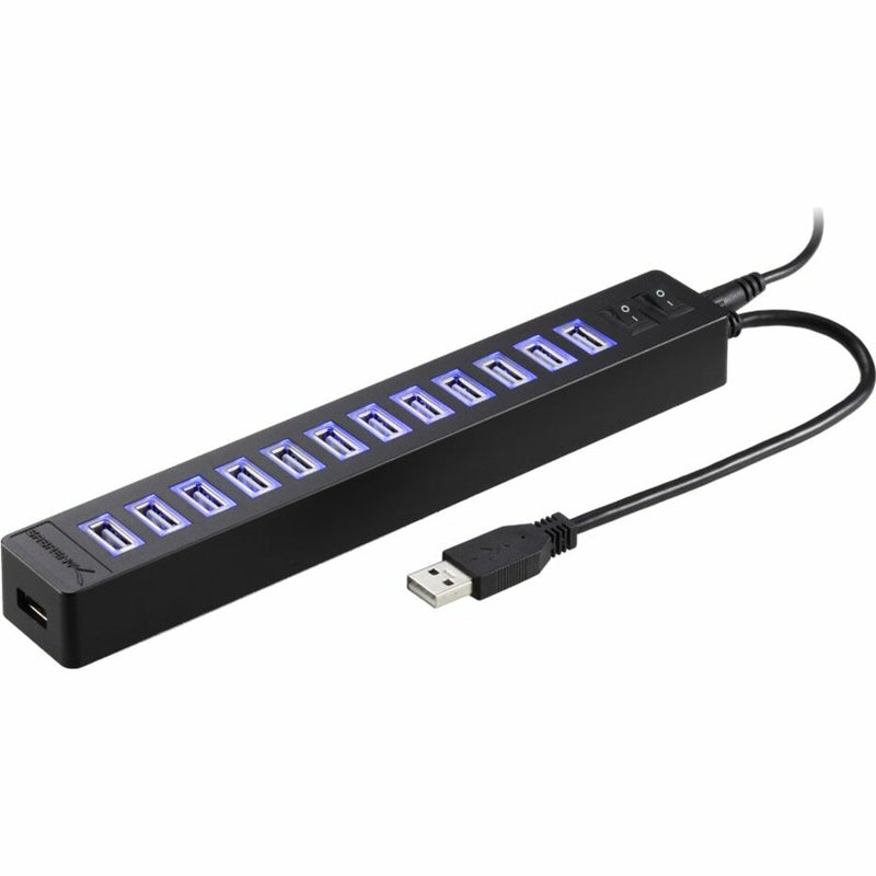 Sabrent 13-Port USB 2.0 Hub showing black rectangular design with blue LED-illuminated ports and attached USB cable