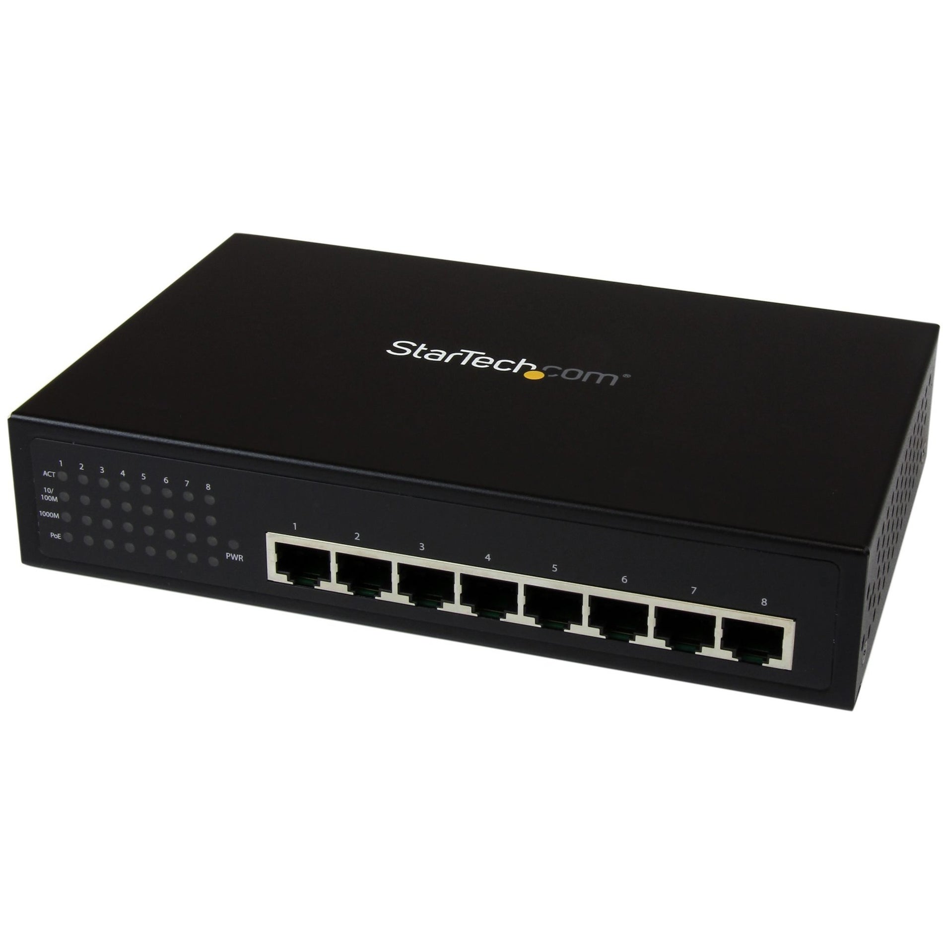 Front view of StarTech.com 8-port industrial Gigabit PoE switch showing Ethernet ports and LED indicators-alternate-image1