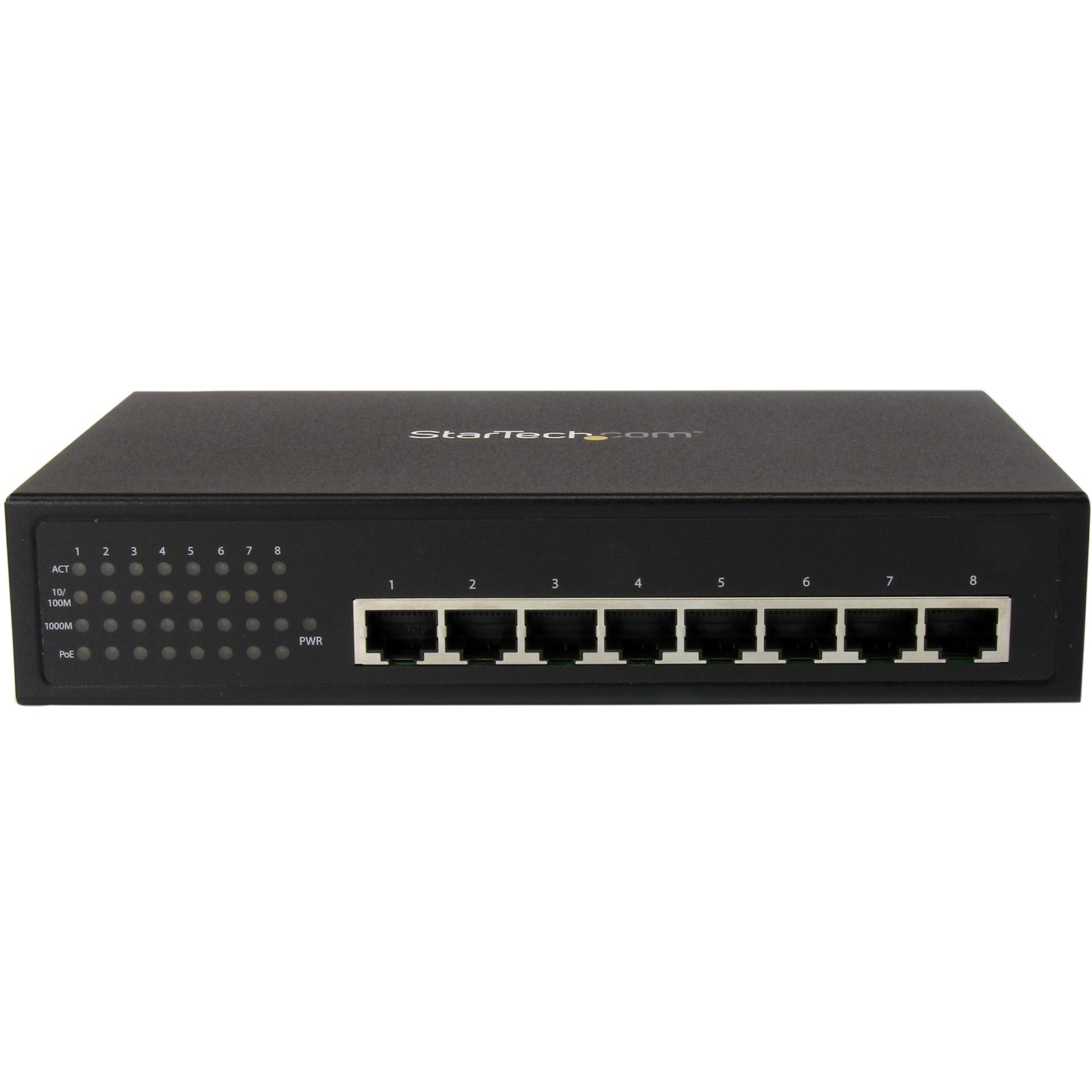 Angled view of StarTech.com industrial PoE switch displaying LED status panel and port configuration-alternate-image2