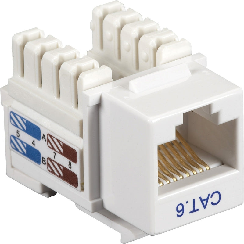 White CAT6 keystone jack with gold contacts, featuring color-coded wiring scheme and RJ45 port