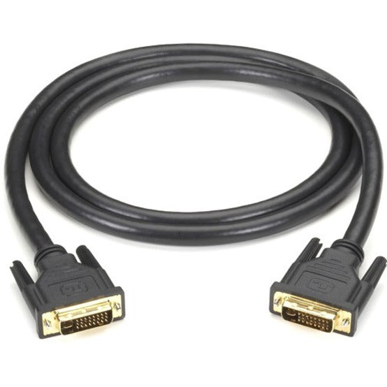 Black DVI-I dual-link cable with gold-plated male connectors on both ends, featuring molded strain relief and triple shielding