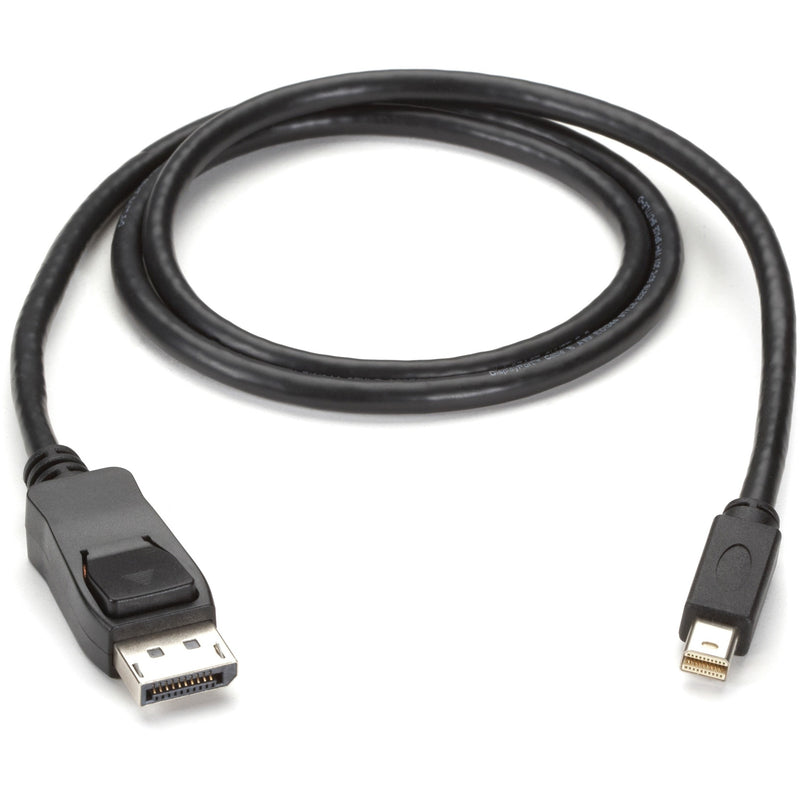 Black Mini DisplayPort to DisplayPort cable with gold-plated connectors, coiled view showing both ends