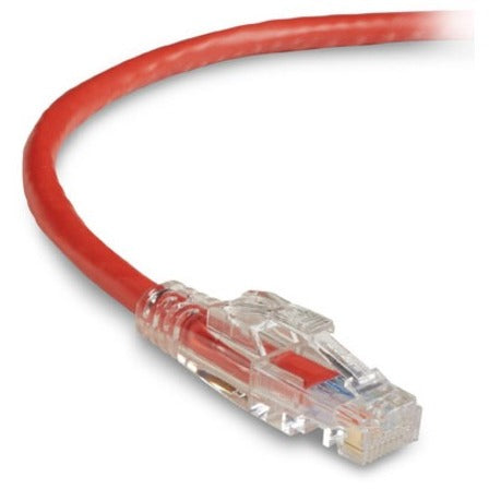 Close-up view of GigaTrue 3 Cat6 cable's gold-plated RJ-45 connector with red cable jacket and clear housing