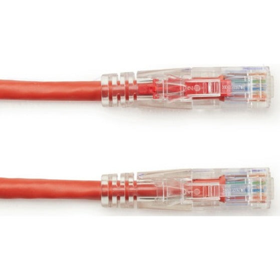 Dual view of snagless boots and RJ-45 connectors on red Cat6 network cable