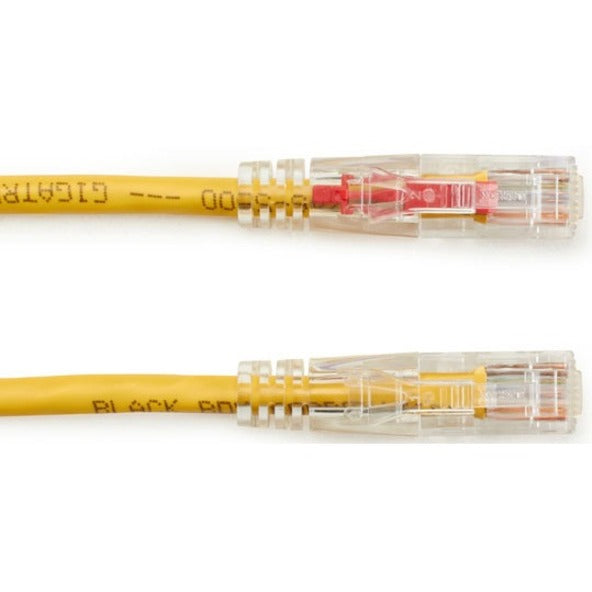 Side-by-side comparison of both RJ-45 connector ends of the yellow Cat6 patch cable