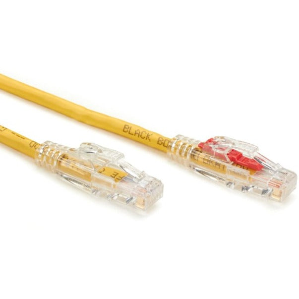 Full length view of yellow Cat6 patch cable showing both connector ends