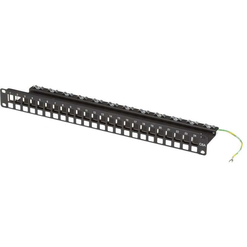 Black Box JPMT700A CAT6A 24-port patch panel with numbered ports and grounding wire