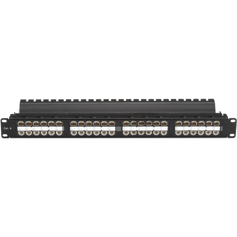 Front view of Black Box 48-port CAT6 feed-through patch panel showing all RJ-45 ports with port labels