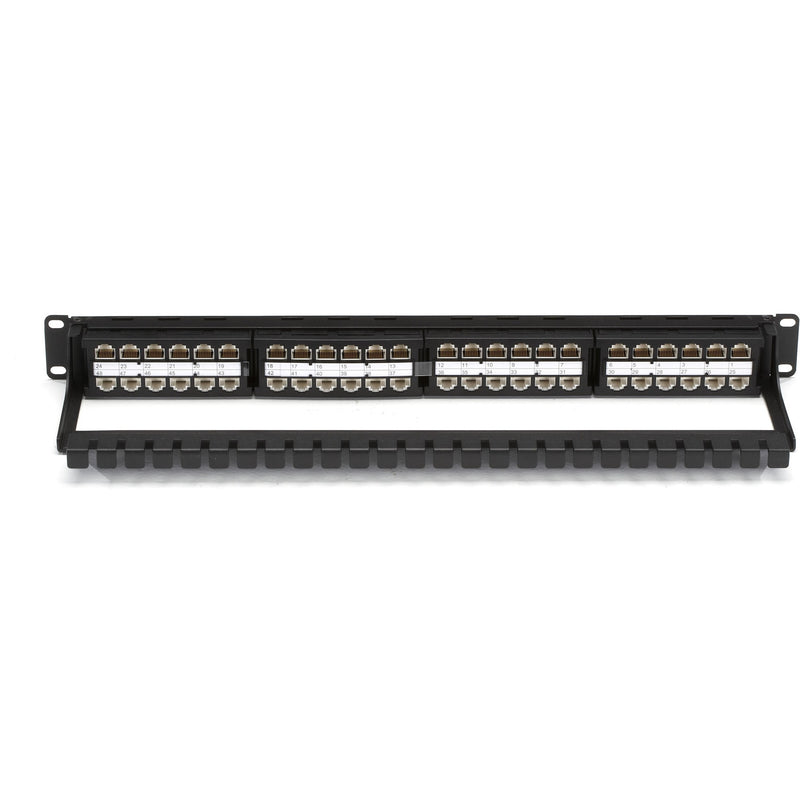 Angled view of Black Box CAT6 patch panel showing integrated cable management features and support structure