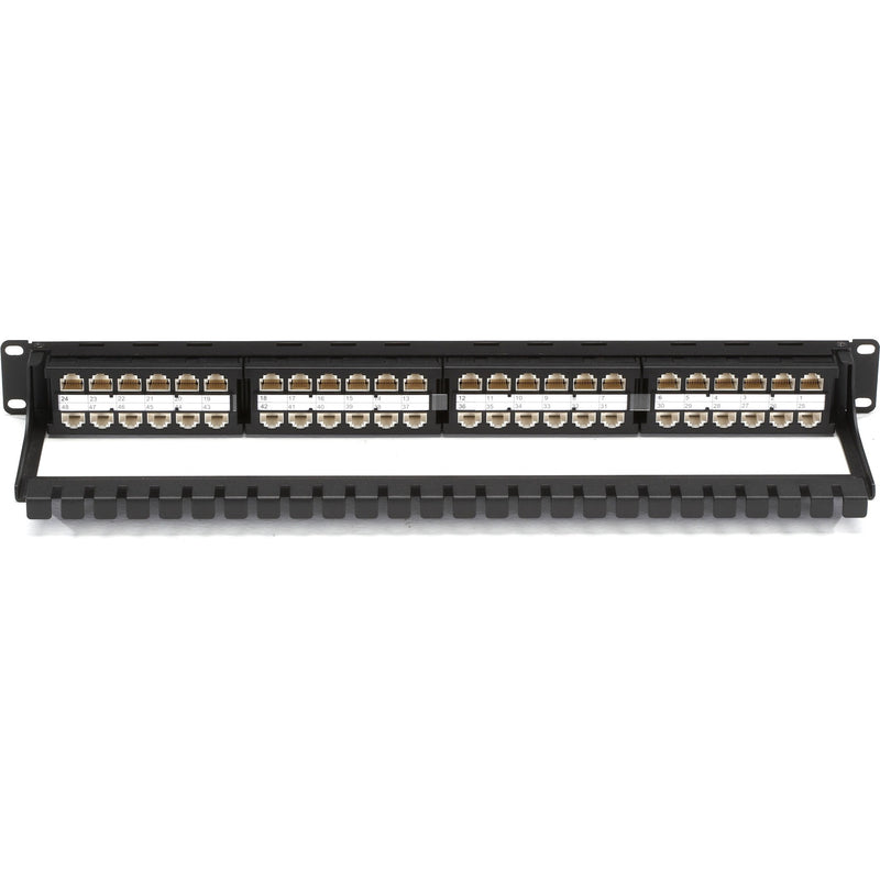 Angled view of Black Box JPM810A-HD patch panel showing integrated cable management bar and feed-through port design