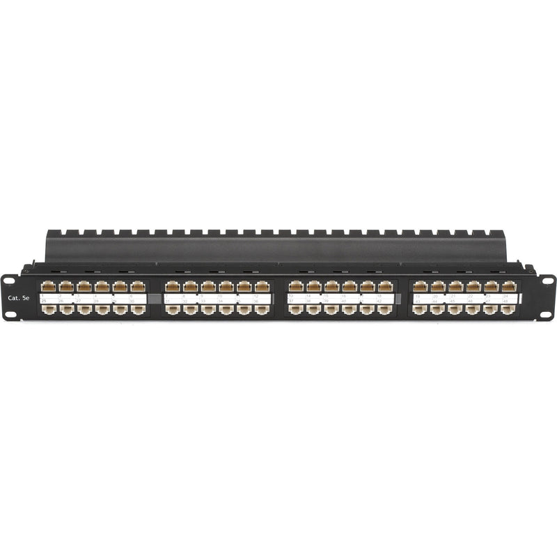 Front view of Black Box JPM810A-HD 48-port CAT5e patch panel showing RJ-45 port array in 1U rack mount format