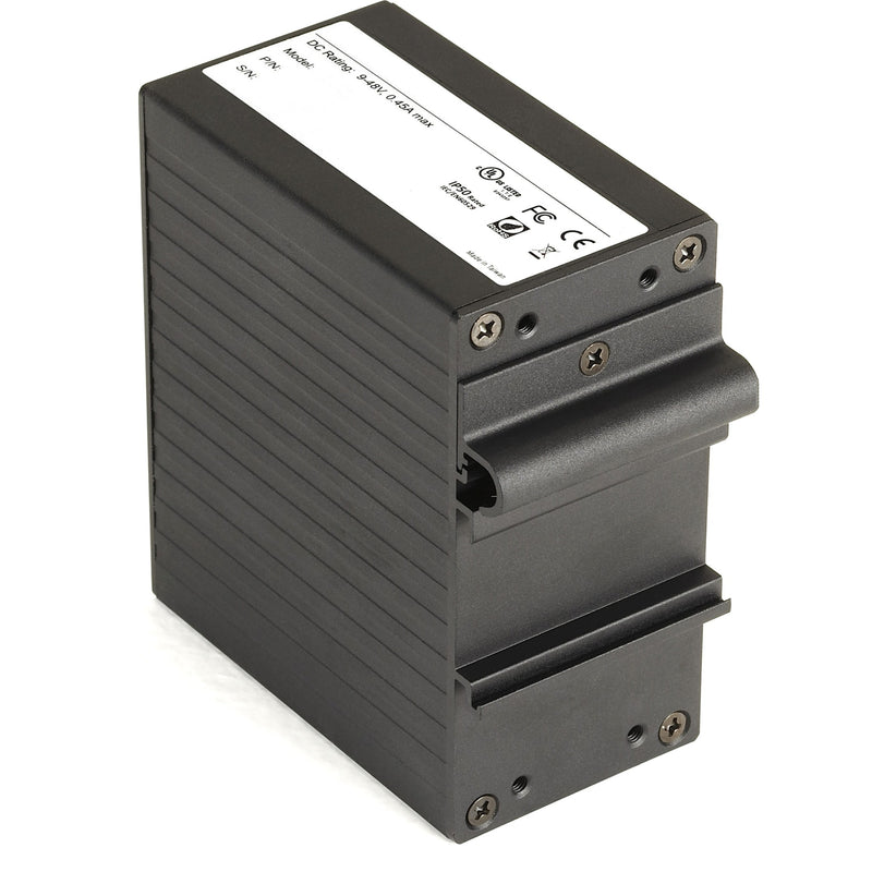 Side view of Black Box LGH008A switch showing DIN rail mount and cooling design