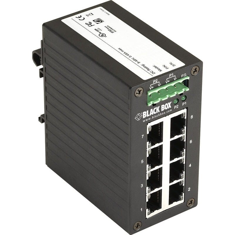 Angled view of Black Box LGH008A switch displaying ports and power terminal configuration