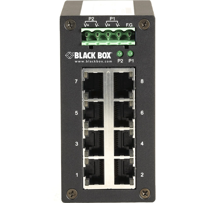 Front view of Black Box LGH008A industrial Ethernet switch showing 8 RJ45 ports and dual power terminal block