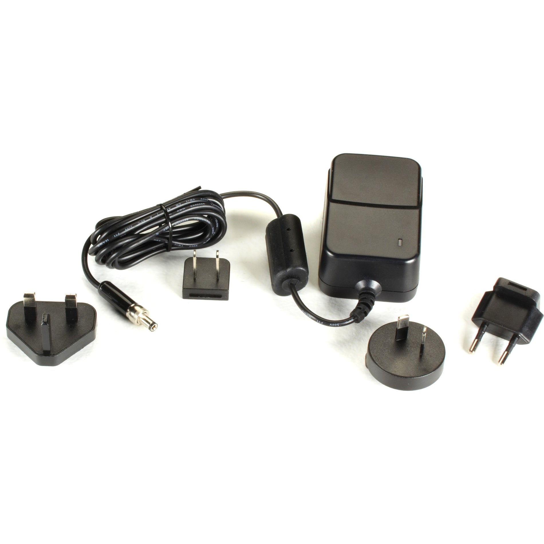 Black Box PS290 power supply unit with multiple international plug adapters, locking barrel connector, and power cable displayed on white background-alternate-image1