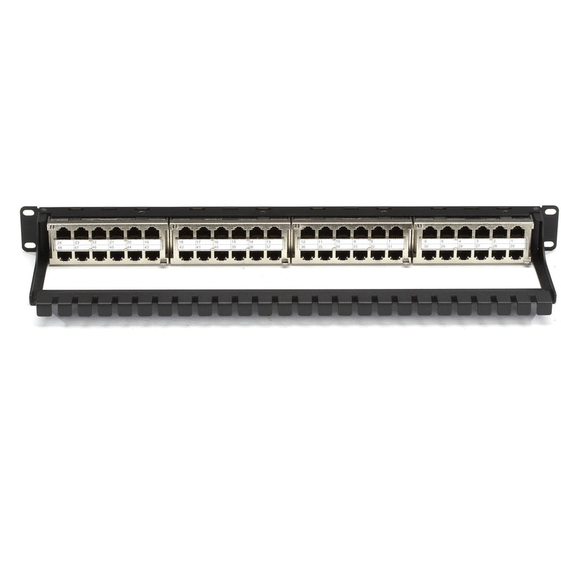 Angled view of Black Box patch panel showing integrated cable management bar and 48 RJ-45 ports