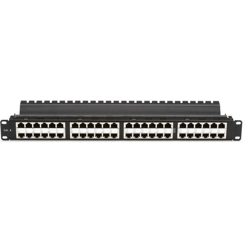 Front view of Black Box 48-port CAT5e feed-through patch panel with labeled RJ-45 ports in 1U rack mount design